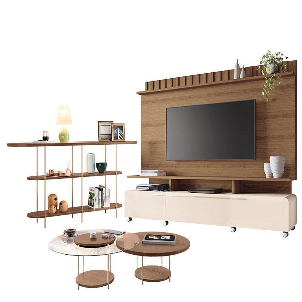 Estante Home Theater Artís Off White Castanho E Aparador Infinity E Kit Mesa De Centro Sky Castanho - Hb Móveis - 1
