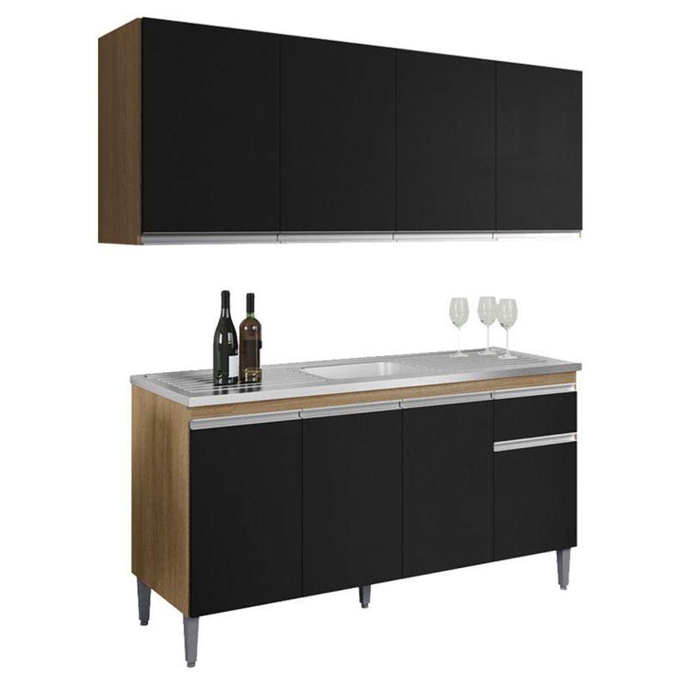 Balcão De Pia Tatiane 145 Cm E Armário Aéreo Andreia 4 Portas 160 Cm Amêndoa Preto - Ajl - 1