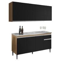 Balcão De Pia Tatiane 145 Cm E Armário Aéreo Andreia 4 Portas 160 Cm Amêndoa Preto - Ajl - 1