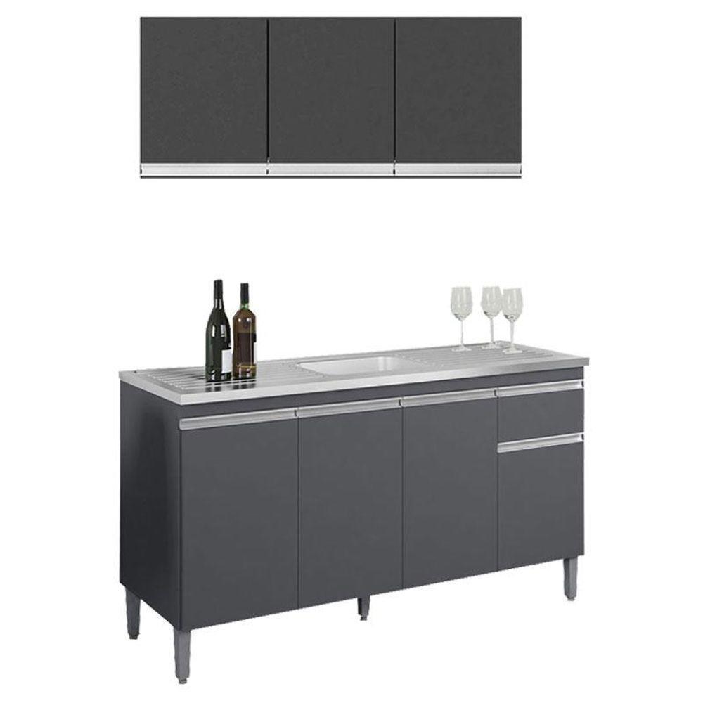 Balcão De Pia Tatiane 145 Cm E Armário Aéreo Andréia 3 Portas 120 Cm Cinza Fosco - Ajl - 1