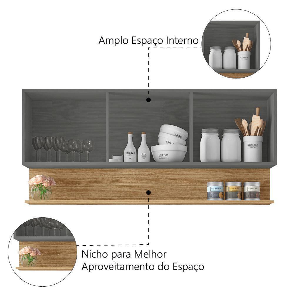 Armário Aéreo De Cozinha 3 Portas Com Nicho 1,50m Line Kit's Paraná Madeirado Grafite - 5