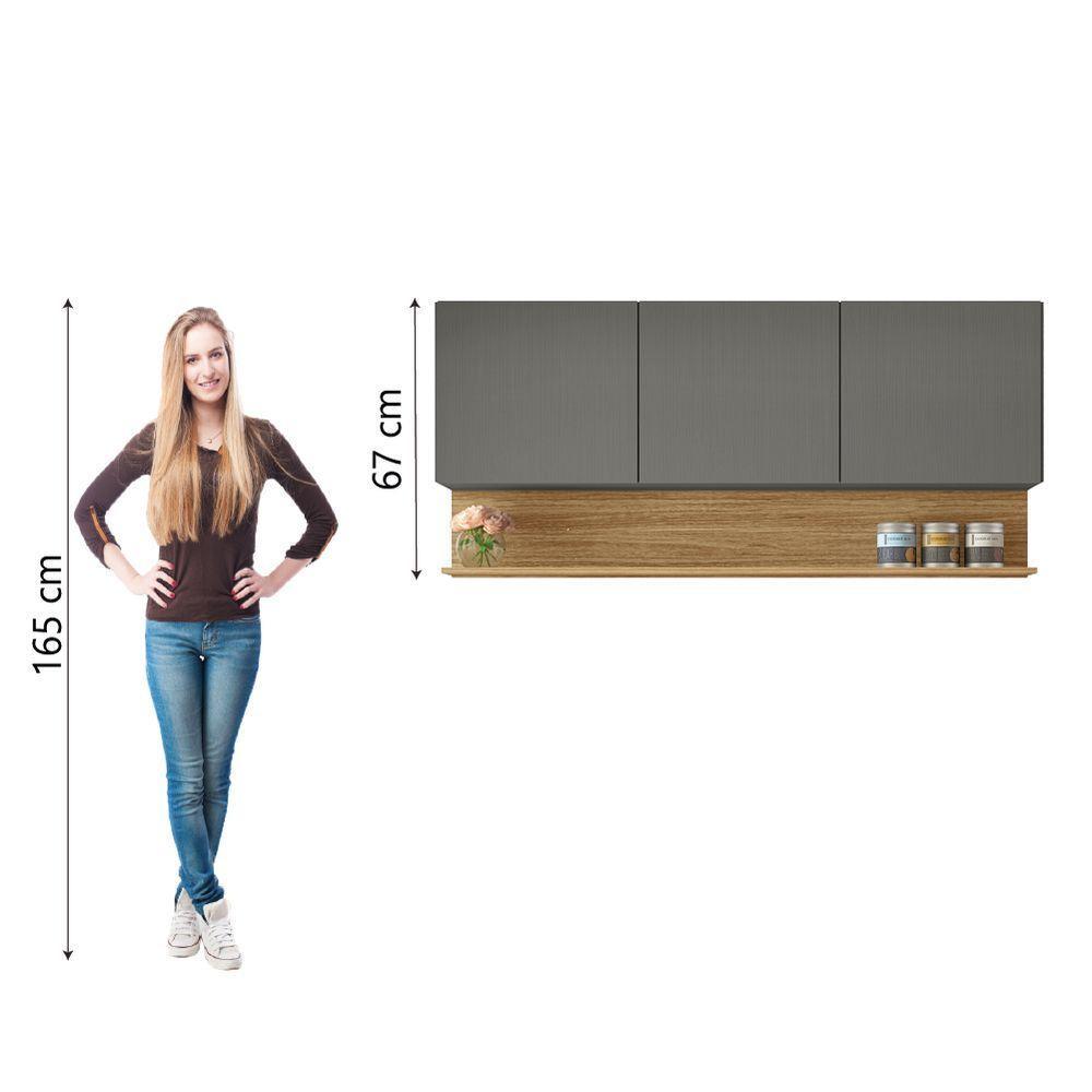 Armário Aéreo De Cozinha 3 Portas Com Nicho 1,50m Line Kit's Paraná Madeirado Grafite - 6