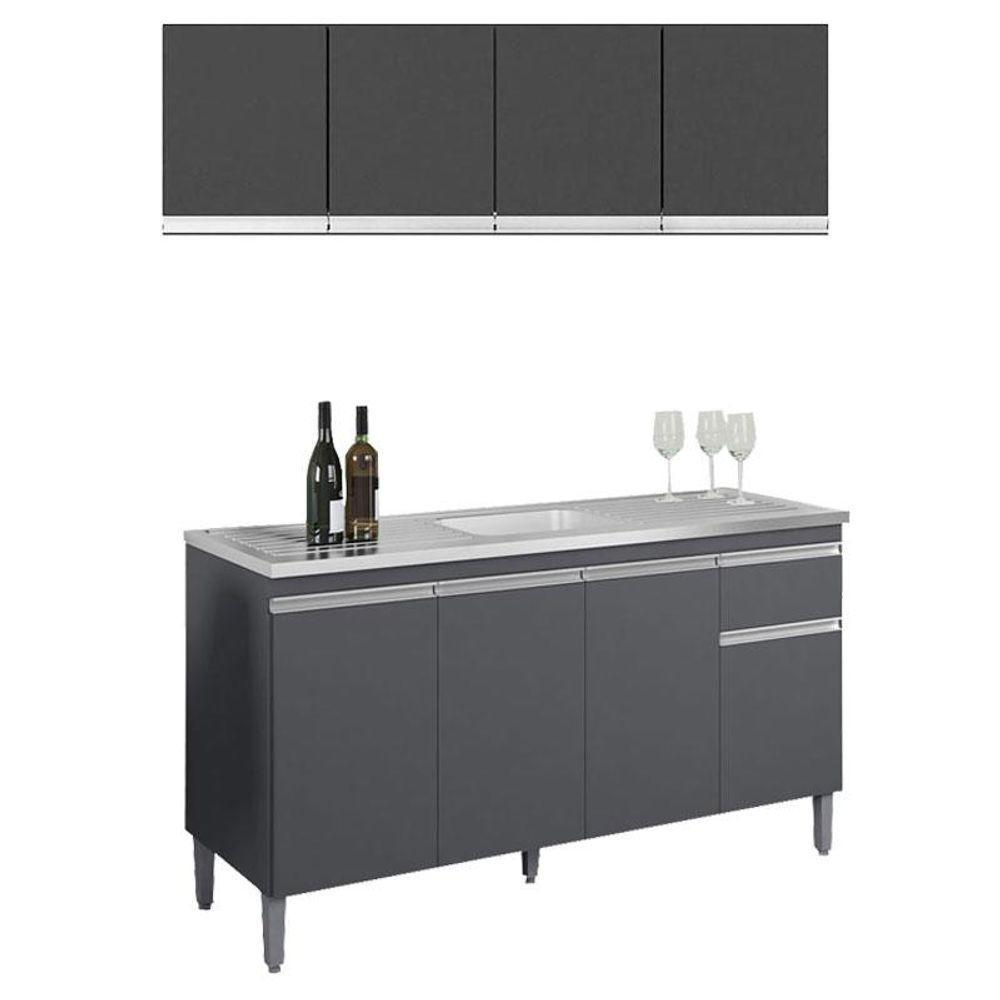 Balcão De Pia Tatiane 145 Cm E Armário Aéreo Andréia 4 Portas 150 Cm Cinza Fosco - Ajl - 1