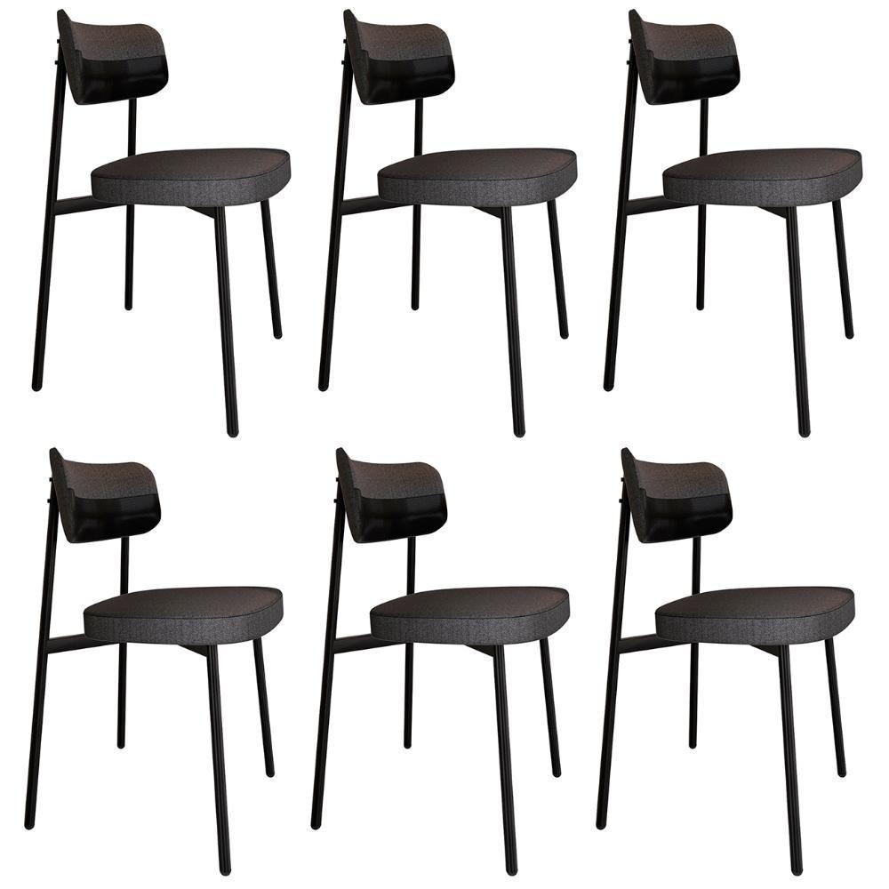 Cadeira De Jantar Estofada Kit 6 Ella M25 Linho Grafite/preto - Mpozenato - 1