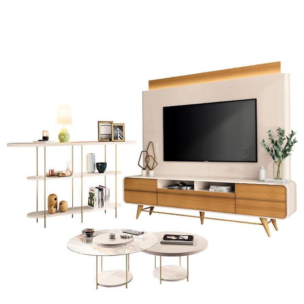 Estante Home Theater Nobre Off White Cinamomo E Aparador Infinity E Kit Mesa De Centro Sky Off White- Hb Móveis - 1