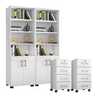 Kit 2 Gaveteiros Para Escritório Gávea Com Chave E 2 Livreiros Office Com Portas Pequenas Branco Fosco - Móveis Leão - 1