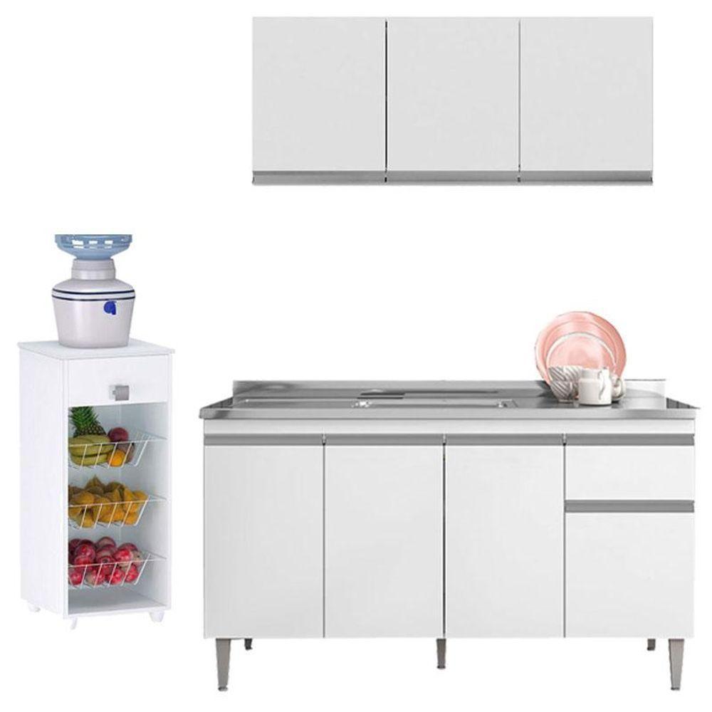 Balcão De Pia Tatiane 145 Cm E Armário Aéreo Andréia 3 Portas 120 Cm Com Fruteira Monalise Branco Brilho - Ajl - 1