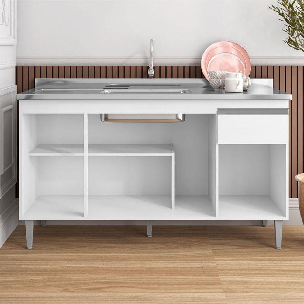 Balcão De Pia Tatiane 145 Cm E Armário Aéreo Andréia 3 Portas 120 Cm Com Fruteira Monalise Branco Brilho - Ajl - 3