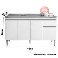 Balcão De Pia Tatiane 145 Cm E Armário Aéreo Andréia 3 Portas 120 Cm Com Fruteira Monalise Branco Brilho - Ajl - 2