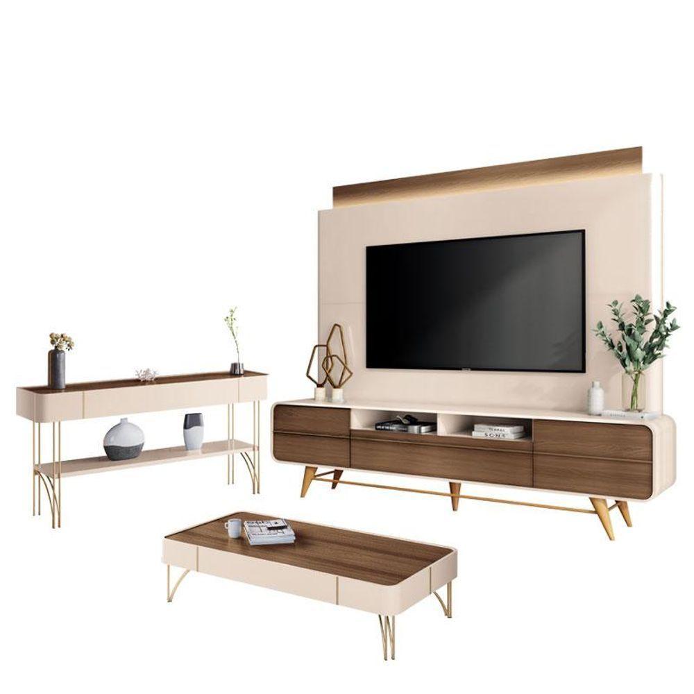 Estante Home Theater Nobre E Aparador Vivant E Mesa De Centro Cadenza Off White Castanho - Hb Móveis - 1