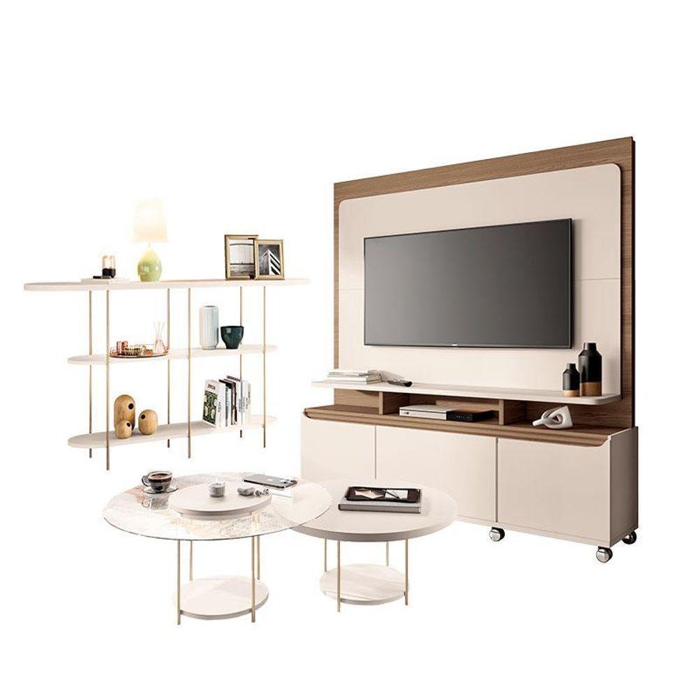 Estante Home Theater Quantum Off White Castanho E Aparador Infinity E Kit Mesa De Centro Sky Off White - Hb Móveis - 1