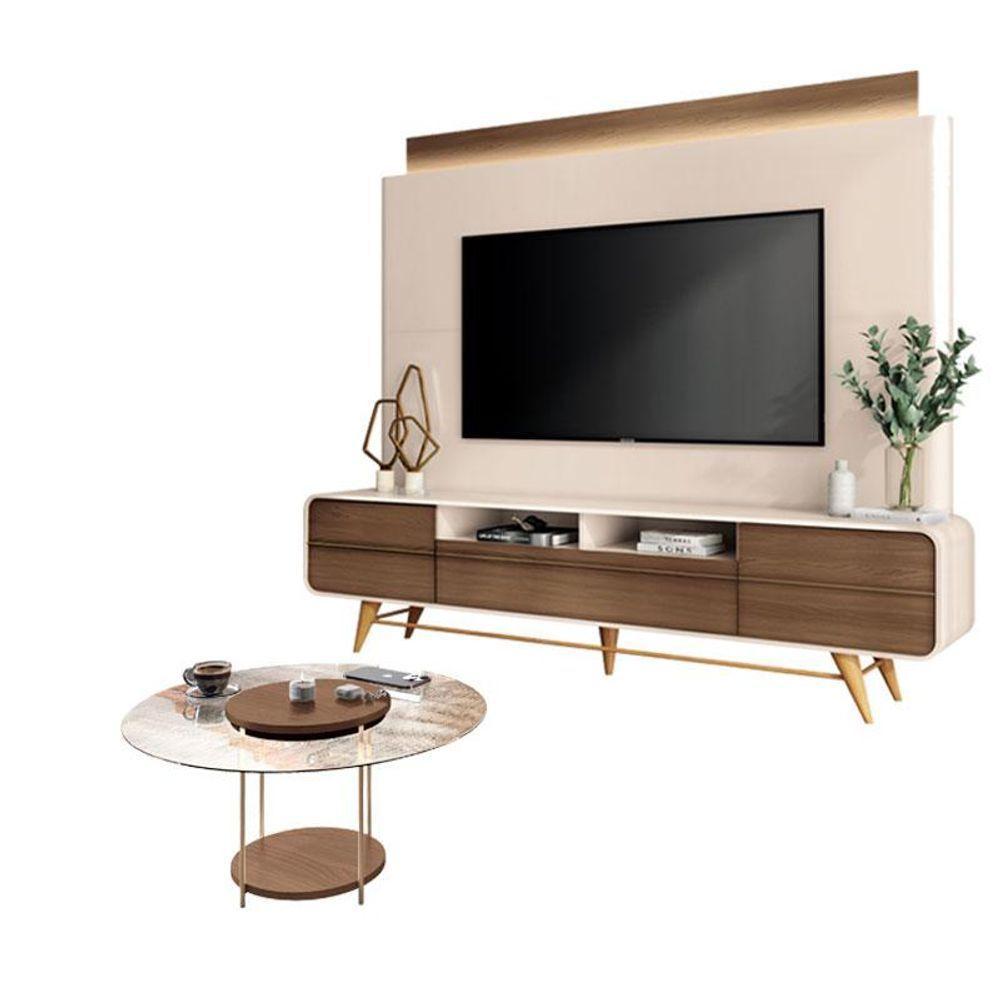 Estante Home Theater Nobre Off White Castanho E Mesa De Centro Sky Com Tampo De Vidro Castanho - Hb Móveis - 1