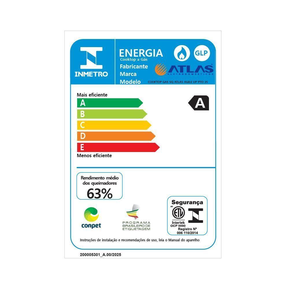 Cooktop 5 Bocas Preto Mesa De Vidro Atlas Agile Up Mega Chama Bivolt - 5