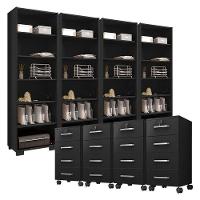 Kit 4 Gaveteiros Para Escritório Gávea Com Chave E 4 Livreiros Office Preto Fosco - Móveis Leão - 1