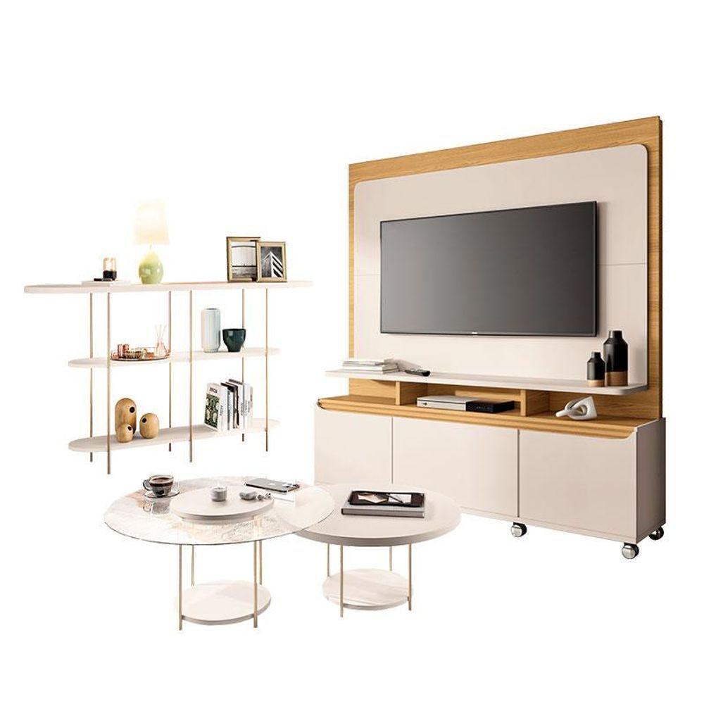 Estante Home Theater Quantum Off White Cinamomo E Aparador Infinity E Kit Mesa De Centro Sky Off White - Hb Móveis - 1