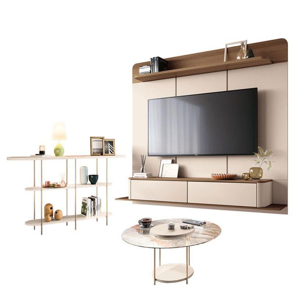 Home Suspenso Galax Castanho Off White E Aparador Infinity E Mesa De Centro Sky Com Tampo De Vidro Off White- Hb Móveis - 1