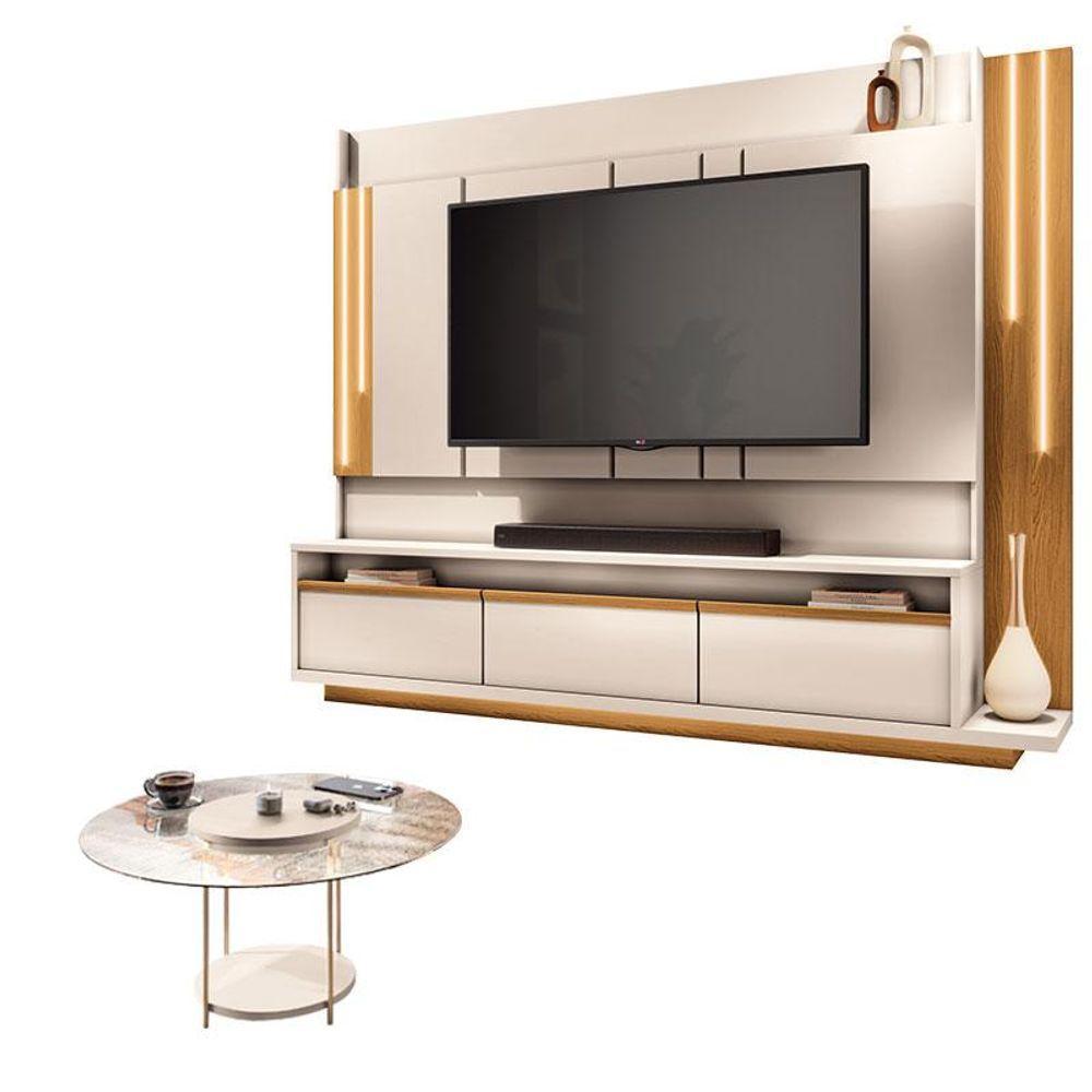 Estante Home Theater Montane Off White Cinamomo E Mesa De Centro Sky Com Tampo De Vidro Off White - Hb Móveis - 1