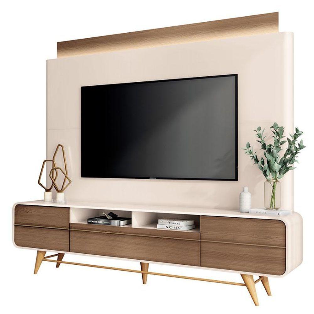 Estante Home Theater Nobre Off White Castanho E Mesa De Centro Sky Com Tampo De Vidro Off White- Hb Móveis - 2