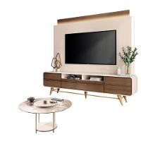 Estante Home Theater Nobre Off White Castanho E Mesa De Centro Sky Com Tampo De Vidro Off White- Hb Móveis - 1