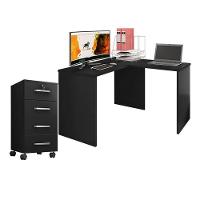 Mesa Para Computador Com Extensora E Gaveteiro Gávea Com Chave 4 Gavetas Preto Fosco - Móveis Leão - 1