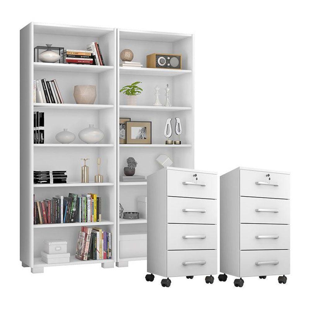 Kit 2 Gaveteiros Para Escritório Gávea Com Chave E 2 Livreiros Office Branco Fosco - Móveis Leão - 1