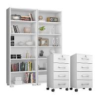 Kit 2 Gaveteiros Para Escritório Gávea Com Chave E 2 Livreiros Office Branco Fosco - Móveis Leão - 1