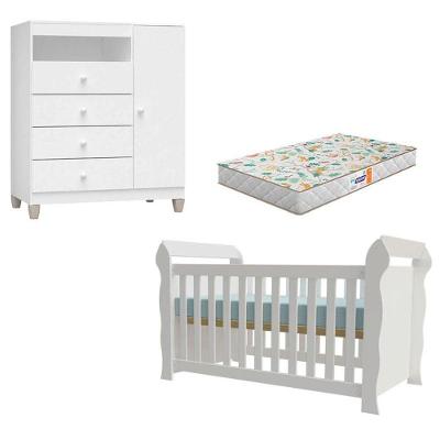 Berço Americano Lara MDF MDP com Colchão Gazin e Cômoda Infantil Ternura Baby Branco Brilho