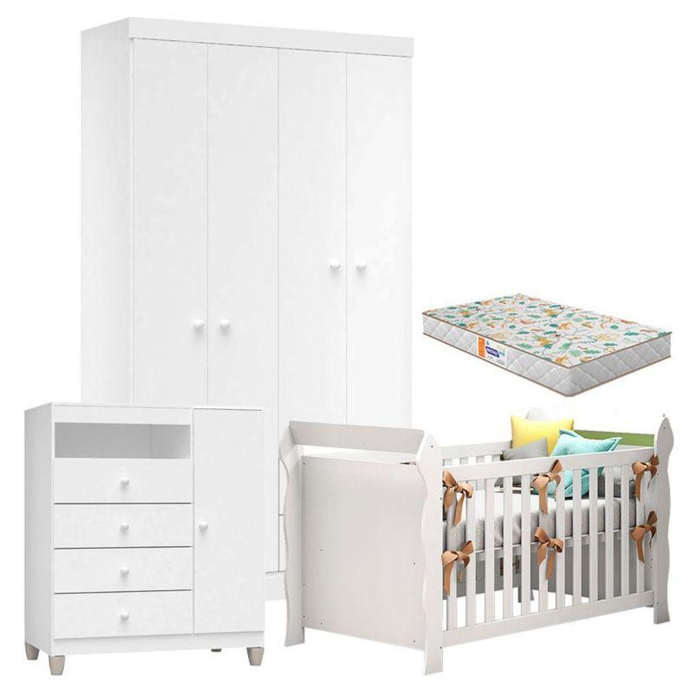 Quarto De Bebê 4 Portas Ternura Baby Com Berço Lara Branco Brilho Com Colchão Gazin - Incorplac - 1