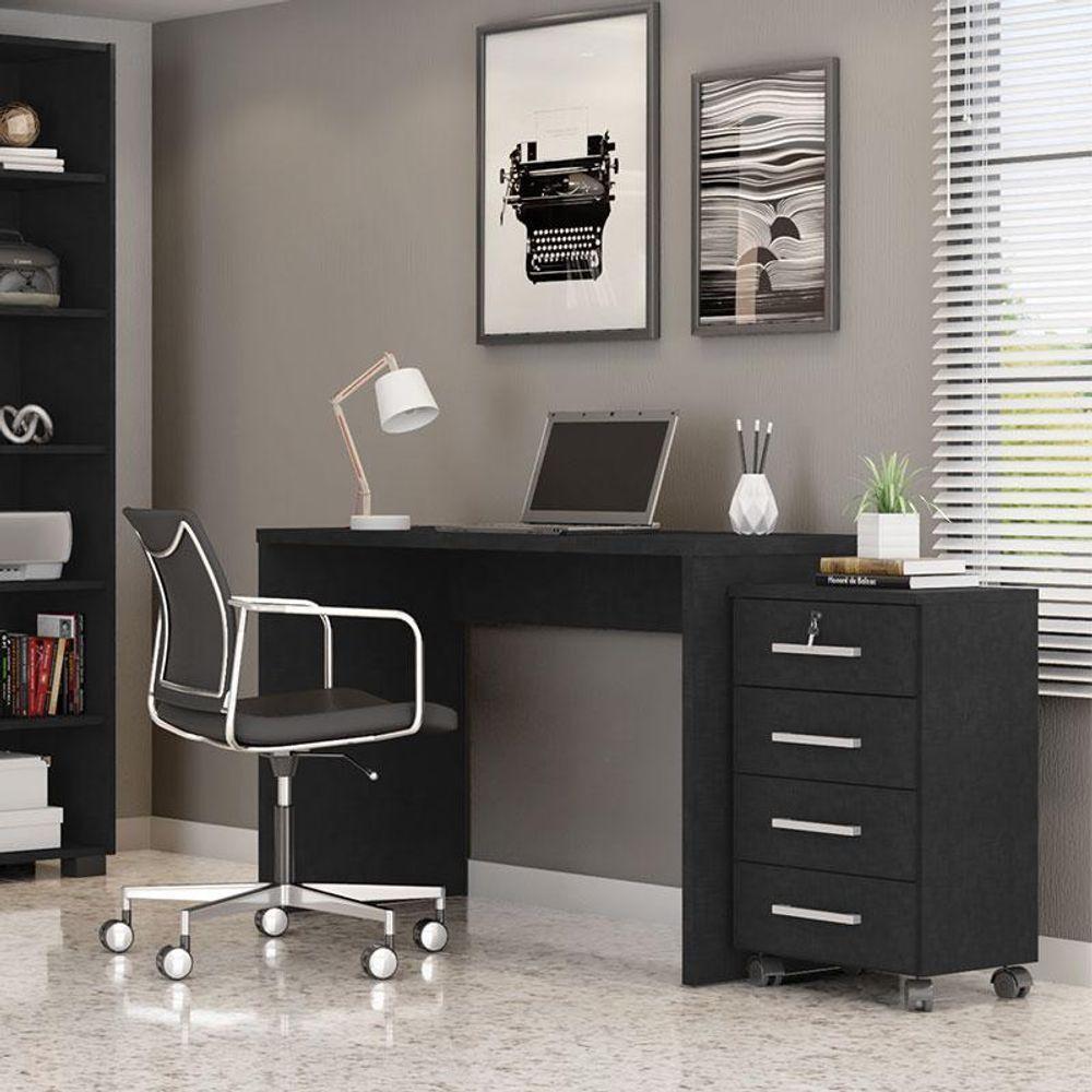 Mesa Para Computador E Gaveteiro Gávea Com Chave 4 Gavetas Preto Fosco - Móveis Leão - 7