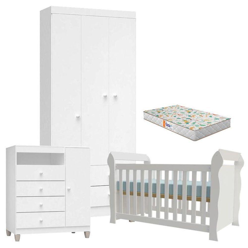Quarto De Bebê 3 Portas Ternura Baby Com Berço Lara Branco Brilho Com Colchão Gazin - Incorplac - 1