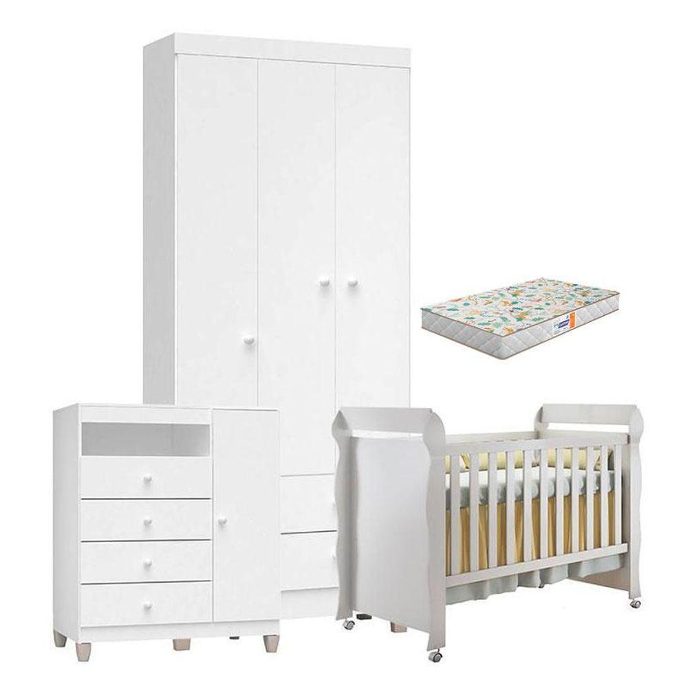 Quarto De Bebê 3 Portas Ternura Baby Com Berço Mirelle Branco Brilho Com Colchão Gazin - Incorplac - 1