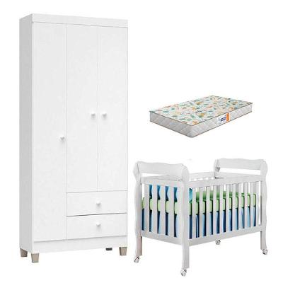 Conjunto Berço Americano Lila com Colchão Gazin e Guarda Roupa Ternura Baby 3 Portas Branco