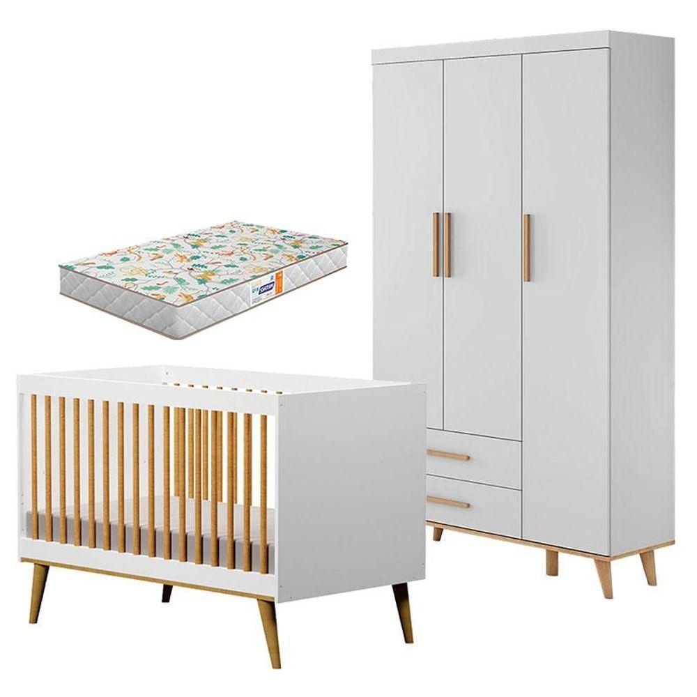 Berço Americano Ligia E Guarda Roupa Ludmila Branco Acetinado Bétula Com Colchão Gazin - Carolina Móveis - 1