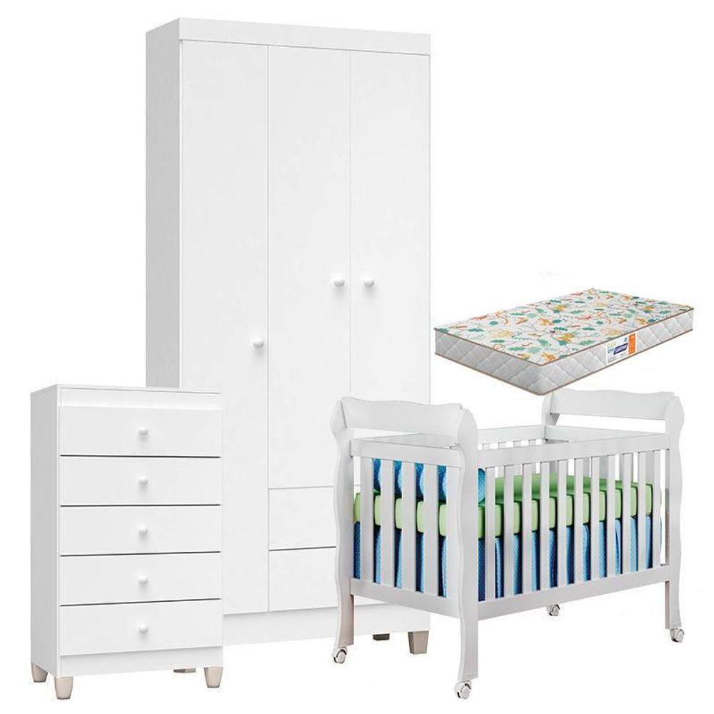 Quarto De Bebê 3 Portas Com Gaveteiro Ternura Baby E Berço Lila Branco Brilho Com Colchão Gazin - Incorplac - 1