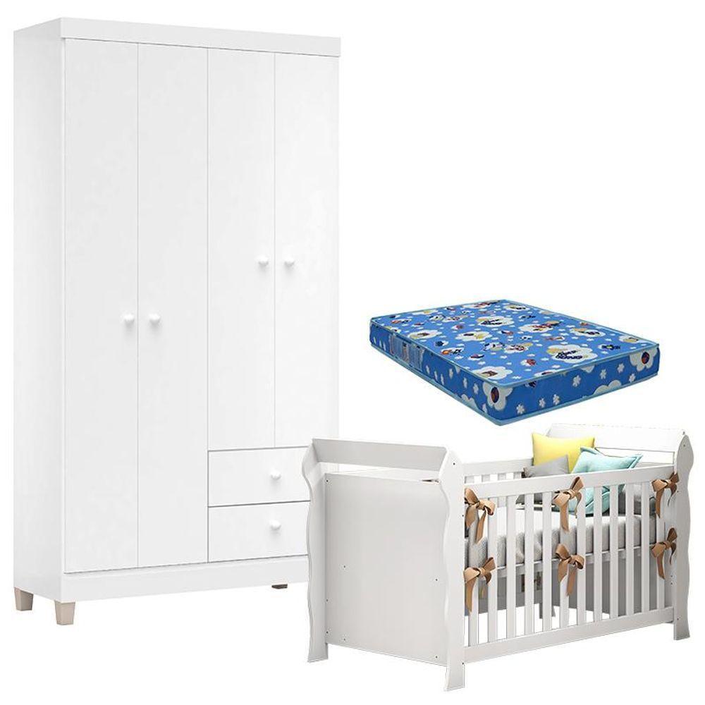 Berço Americano Lara Com Colchão Para Berço Americano E Guarda Roupa Ternura Baby 4 Portas Branco Flex - Incorplac - 1