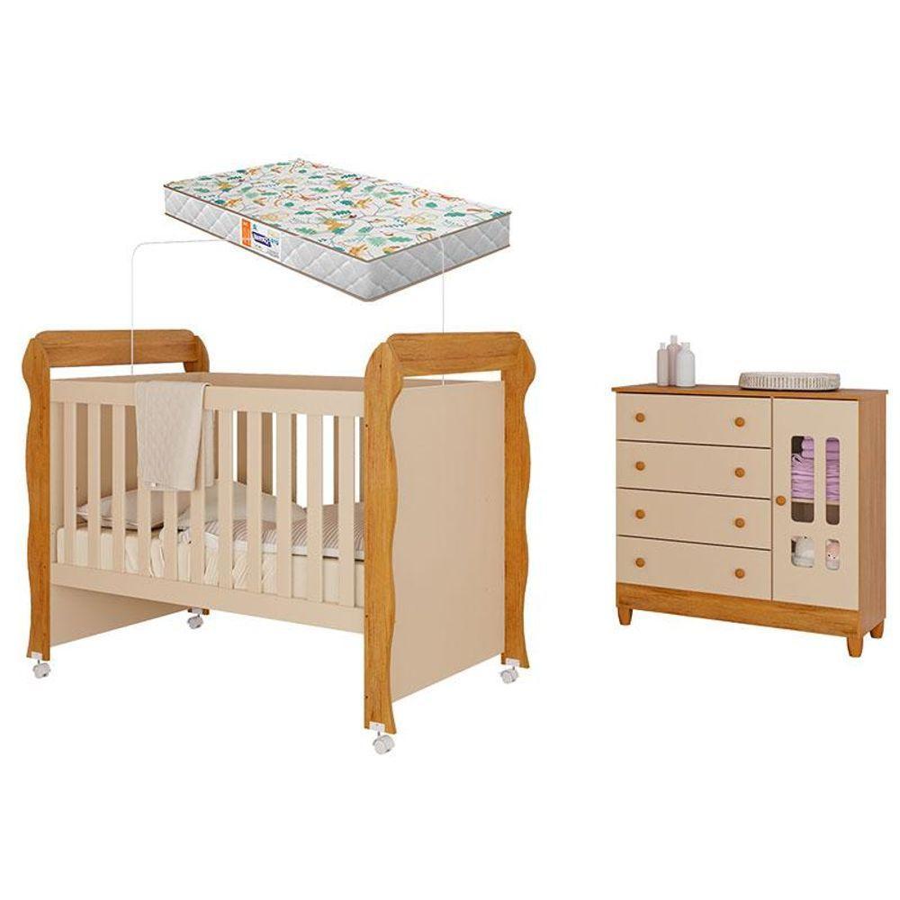 Berço Americano Mirelle E Cômoda Infantil Ariel Com Porta Off White Bétula Com Colchão Gazin- Carolina Baby - 1