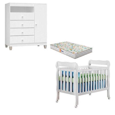 Conjunto Berço Americano Lila MDF com Colchão Gazin e Cômoda Infantil Ternura Baby Branco