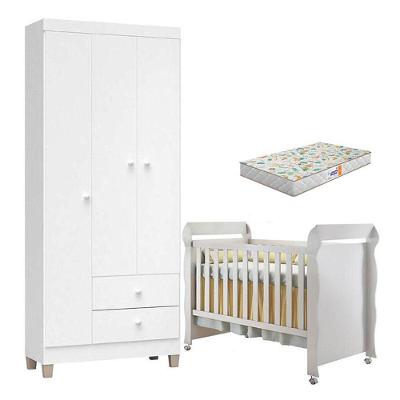 Berço Americano Mirelle com Colchão e Guarda Roupa Ternura Baby 3 Portas 2 Gavetas MDF MDP Branco