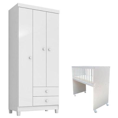 Mini Berço Moisés Alegria com Colchão e Guarda Roupa 3 Portas Ternura Baby Branco Incorplac