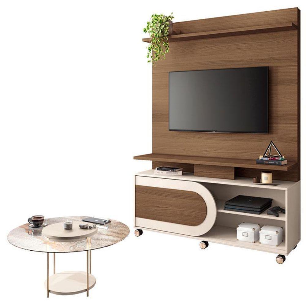 Estante Home Theater òrbis Castanho Off White E Mesa De Centro Sky Com Tampo De Vidro Off White- Hb Móveis - 1
