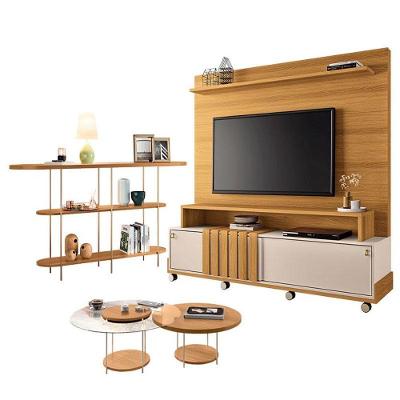 Estante Home Theater Bold Off White Cinamomo E Aparador Infinity E Kit Mesa De Centro Sky Cinamomo - Hb Móveis