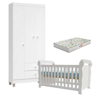 Conjunto Berço Americano Lara com Colchão Gazin e Guarda Roupa Ternura Baby 3 Portas Branco