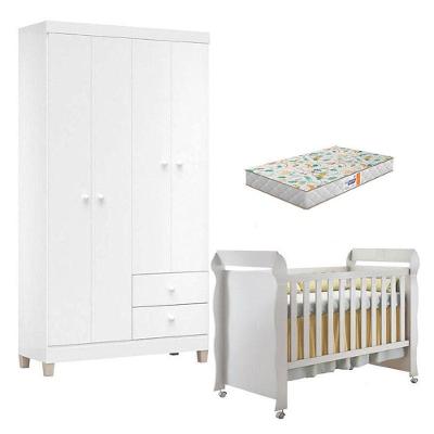 Kit Berço Americano Mirelle com Guarda Roupa Ternura Baby 4 Portas 2 Gavetas MDF e MDP 154cm Branco