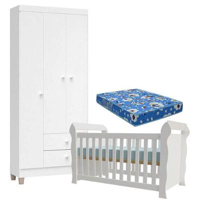 Conjunto Berço Americano Lara com Colchão e Guarda Roupa 3 Portas 2 Gavetas MDF MDP 154 cm Branco