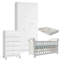 Quarto De Bebê 3 Portas Com Gaveteiro Ternura Baby E Berço Lara Branco Brilho Com Colchão Gazin - Incorplac - 1