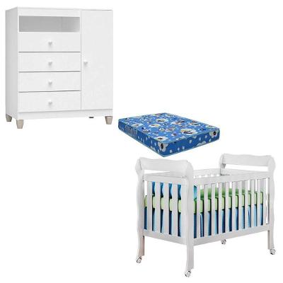 Conjunto Berço Americano Lila com Cômoda Infantil em MDF e MDP com Colchão Branco Brilho