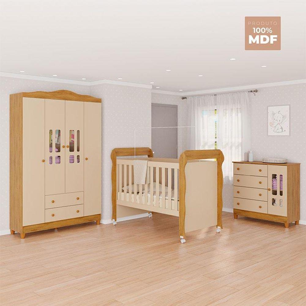 Quarto De Bebê Ariel 4 Portas Com Berço Americano Mirelle Off White Bétula- Carolina Baby - 3