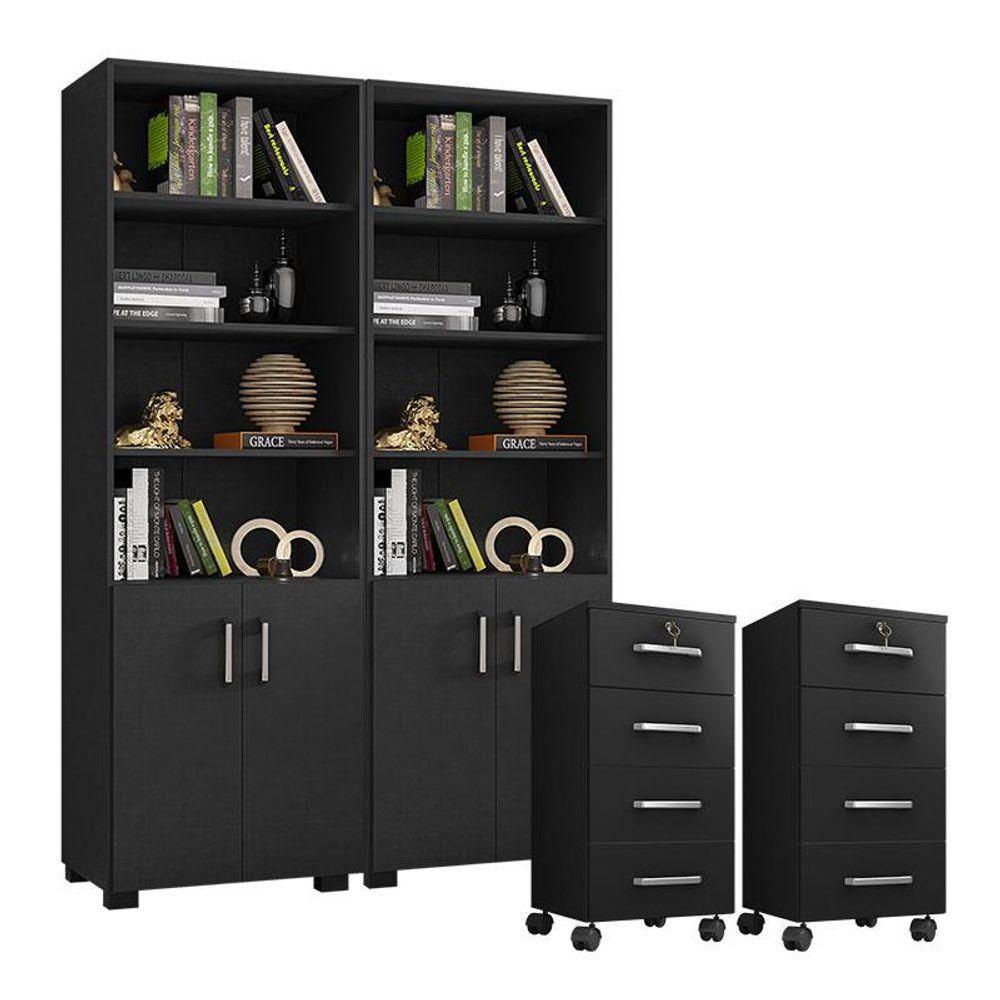 Kit 2 Gaveteiros Para Escritório Gávea Com Chave E 2 Livreiros Office Com Portas Pequenas Preto Fosco - Móveis Leão - 1