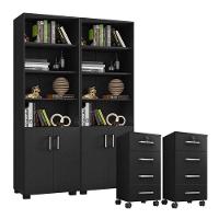 Kit 2 Gaveteiros Para Escritório Gávea Com Chave E 2 Livreiros Office Com Portas Pequenas Preto Fosco - Móveis Leão - 1
