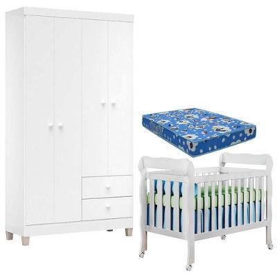 Kit Berço Americano Lila com Colchão e Guarda Roupa Ternura Baby 4 Portas MDF MDP Branco Incorplac